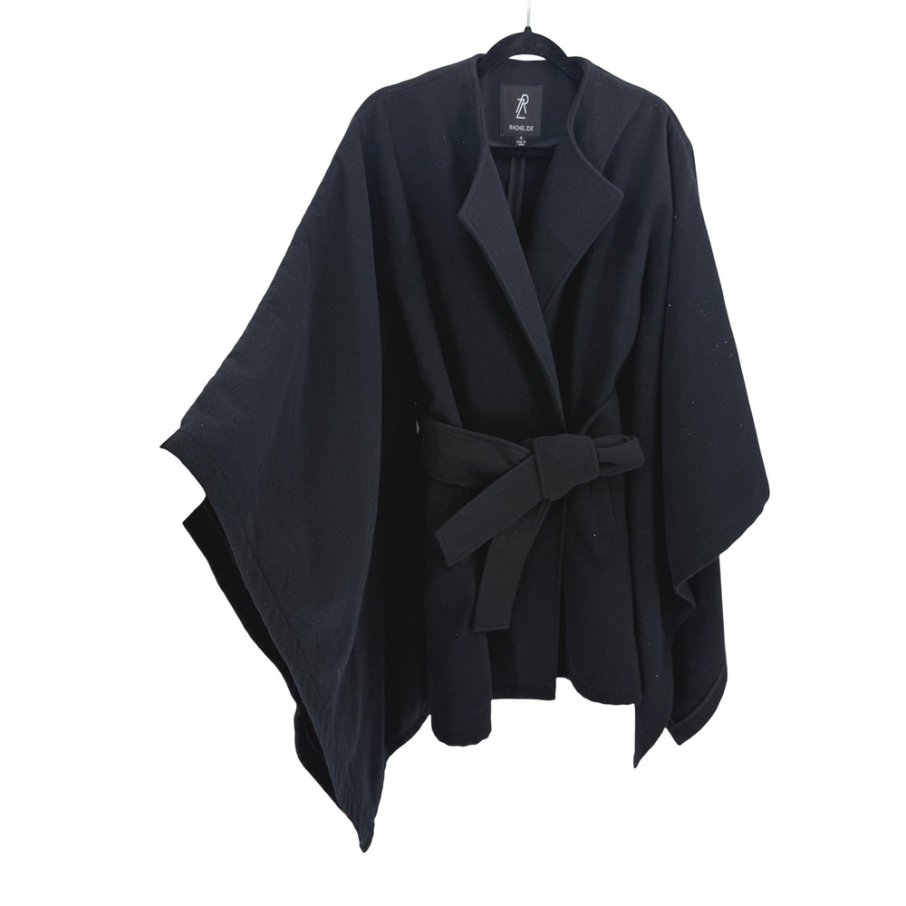 Rachel Zoe Black Glitter Belted Cape Coat Small Notched Lapel Tie Waist